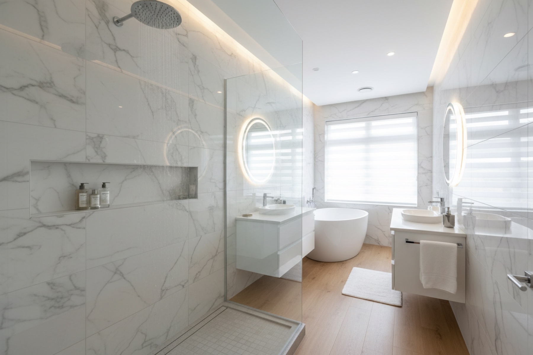 Walk-in shower with frameless glass and marble-look tile