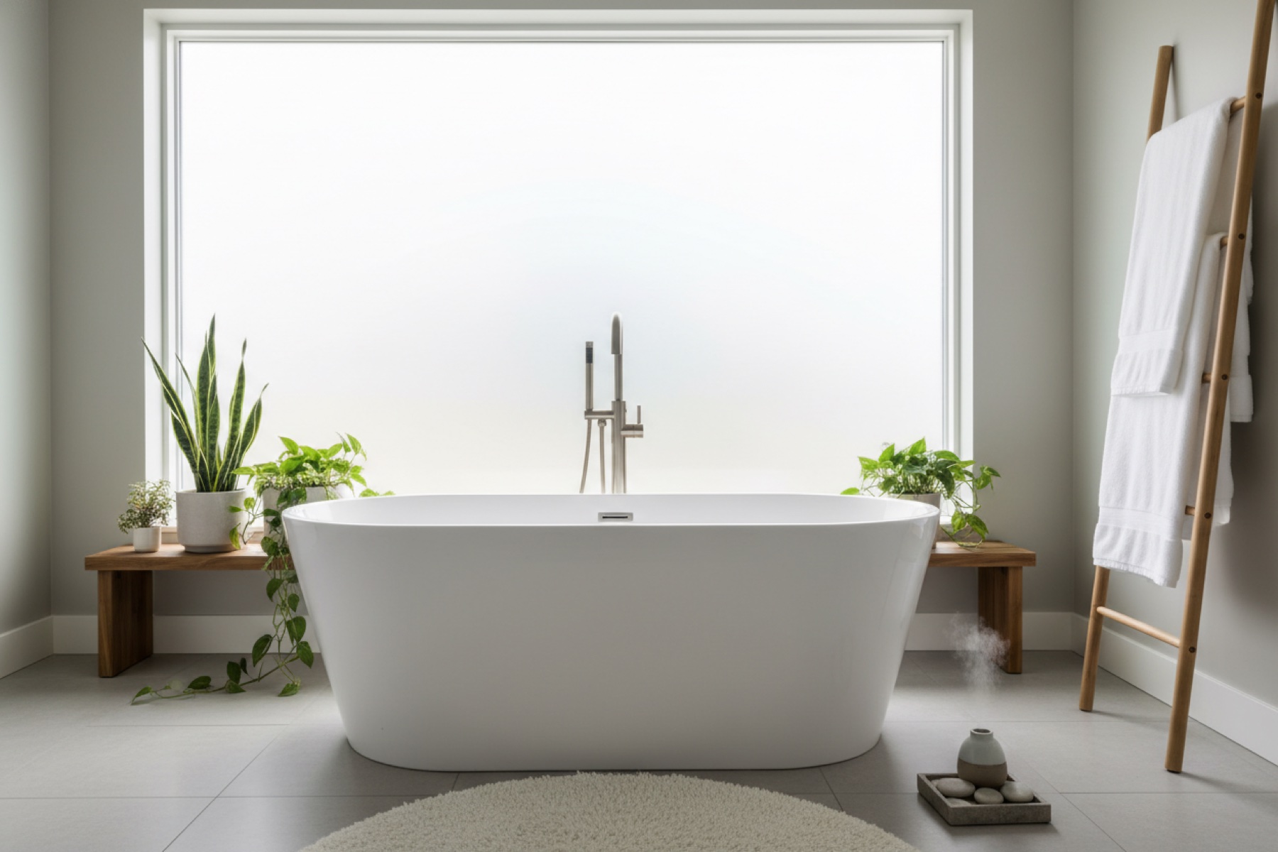Freestanding soaking tub in remodeled bathroom