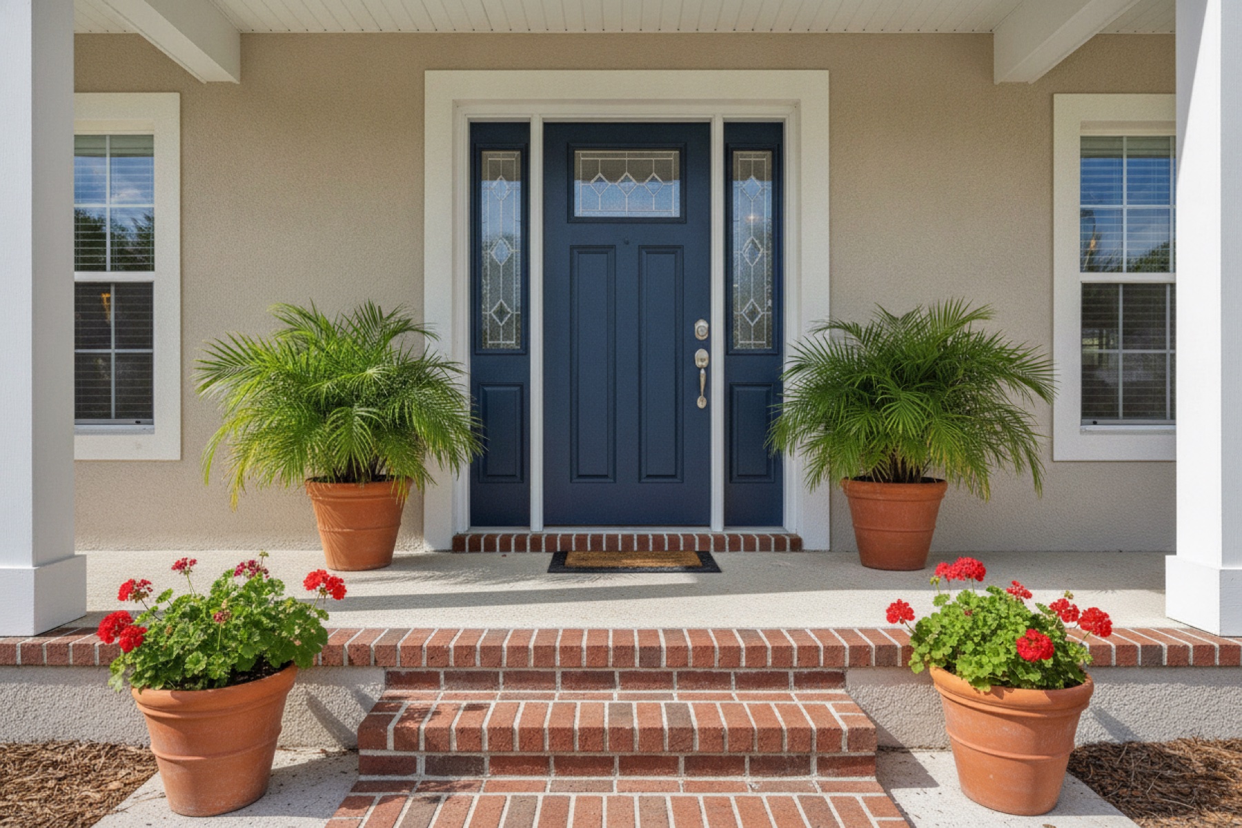 New craftsman-style front entry door with glass panels