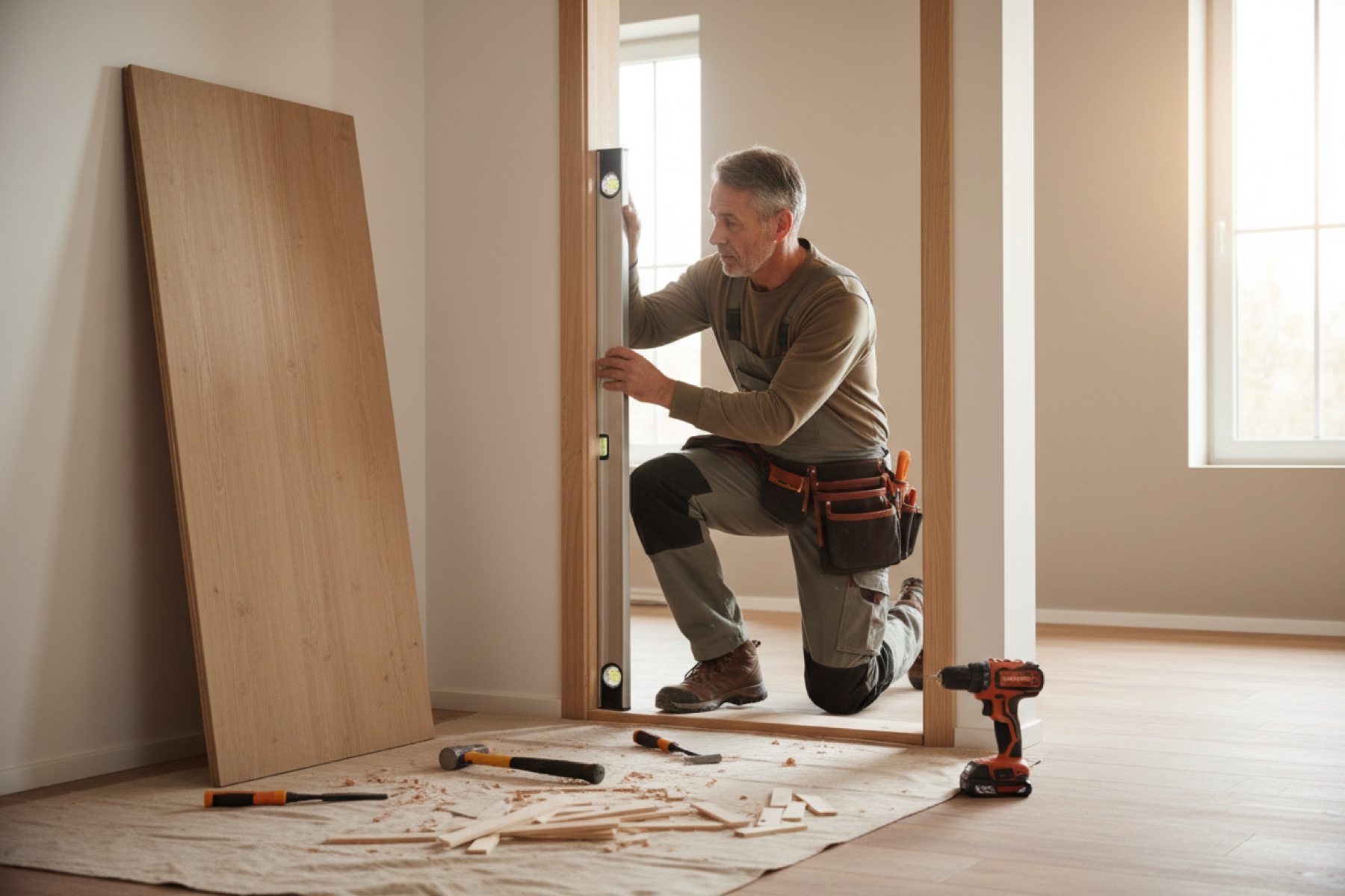Carpenter installing and leveling a new door