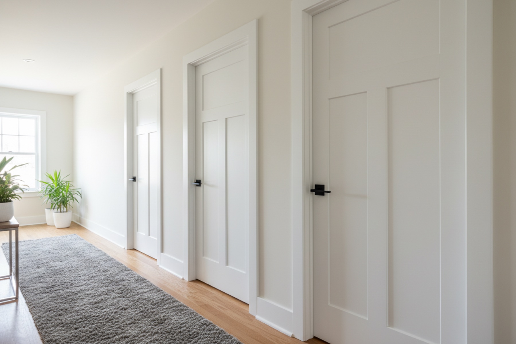 New white interior doors in bright hallway
