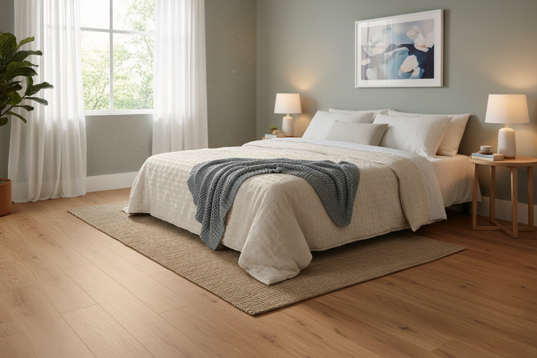 New plank flooring in bright bedroom