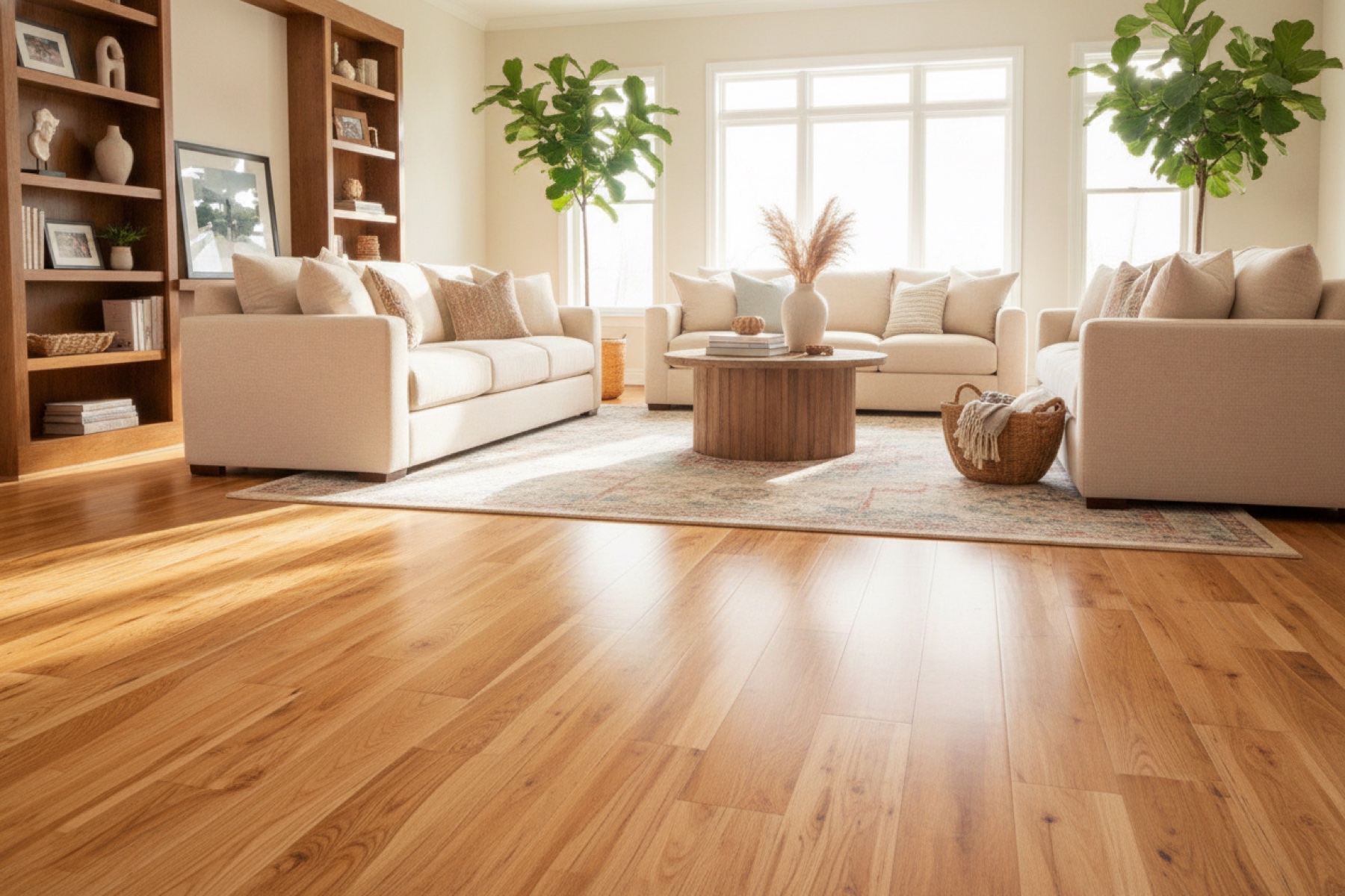 Wide-plank wood flooring installed in bright living room