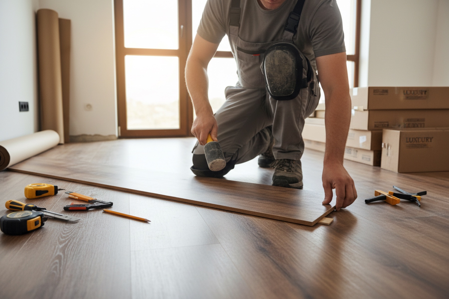 Installer fitting luxury vinyl plank flooring