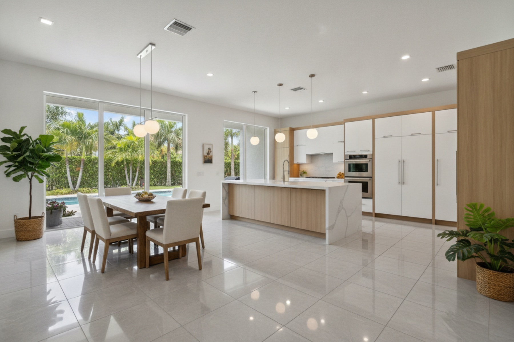 Large-format porcelain tile floor in open living area