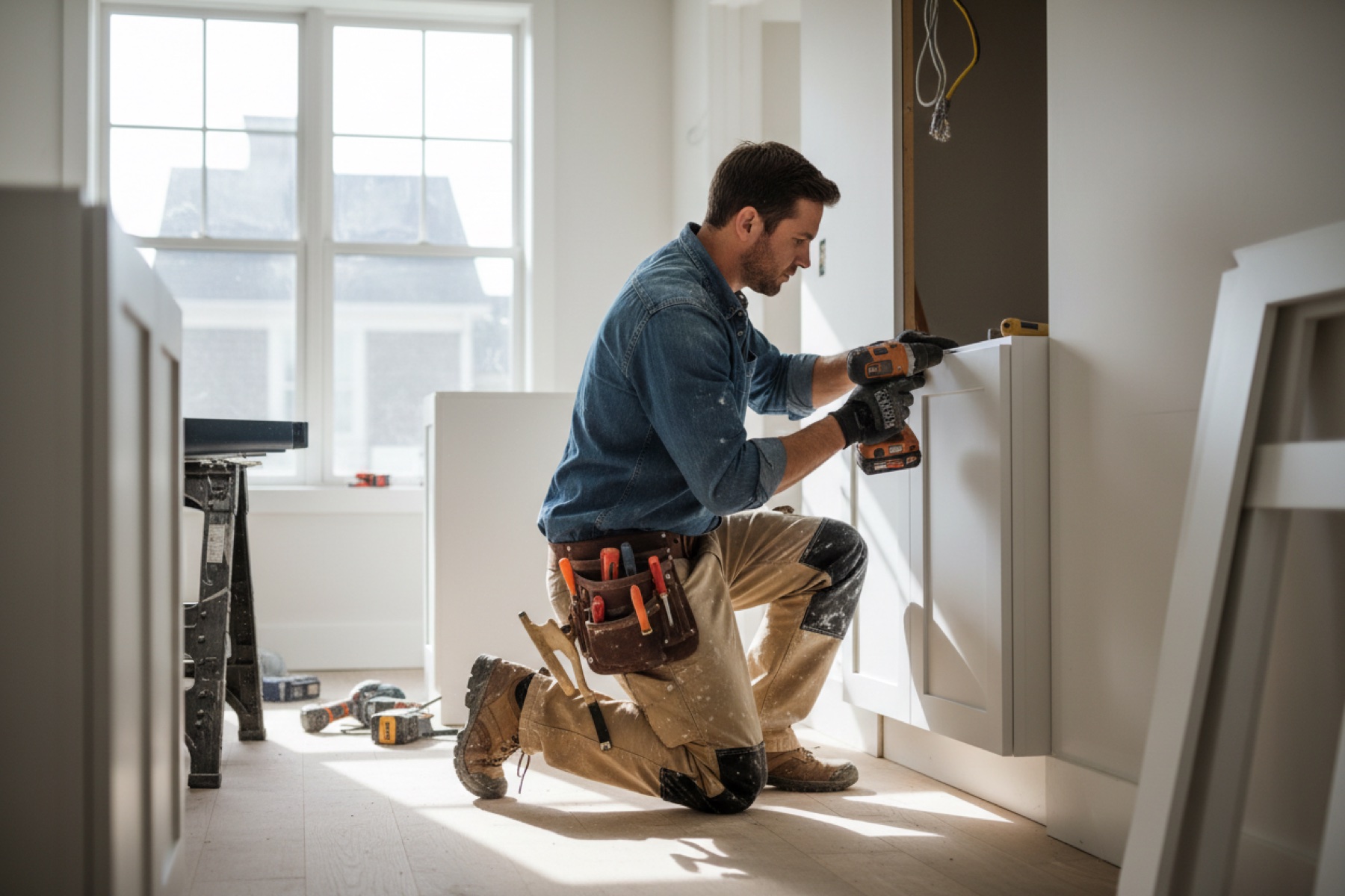 Skilled remodeling craftsman at work
