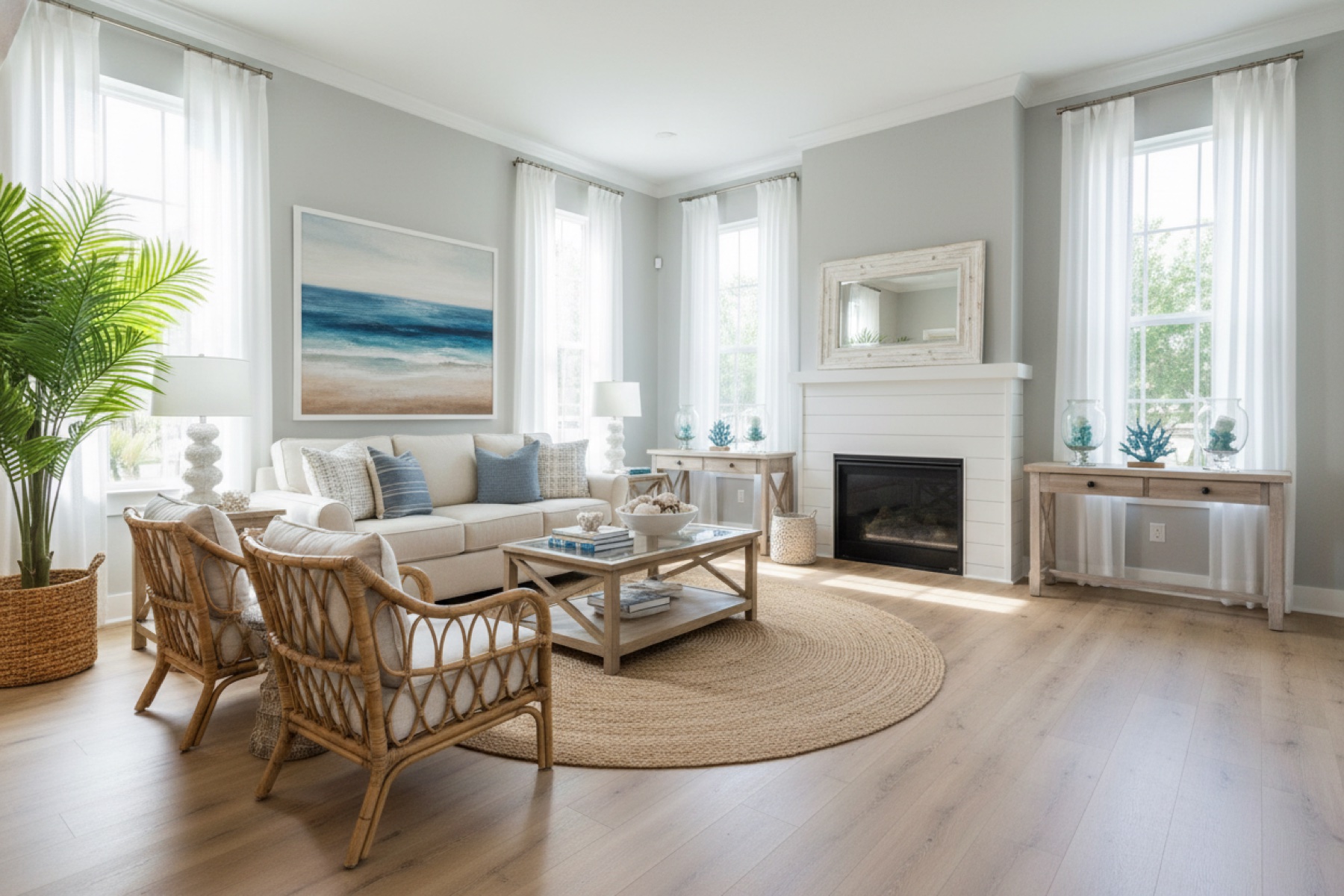 Remodeled living room with new flooring and fresh paint