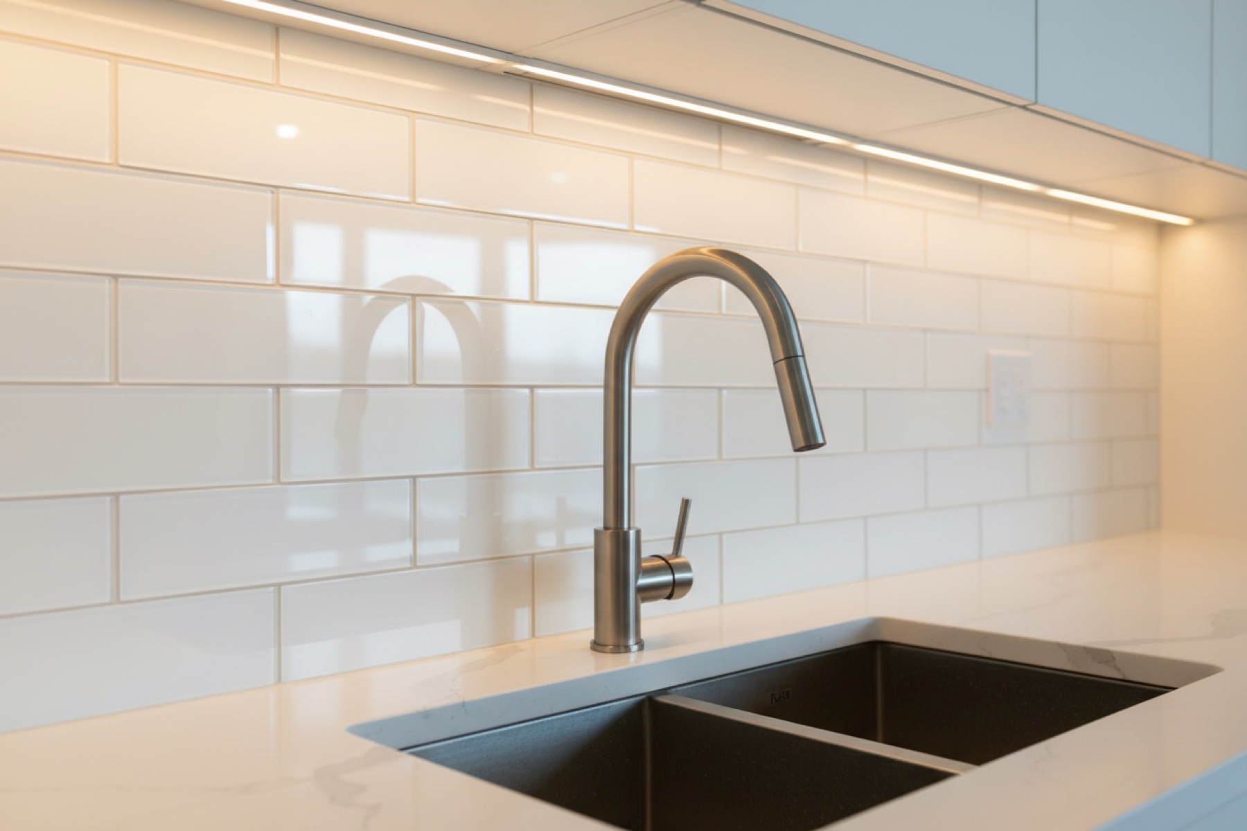 Subway tile backsplash detail with quartz countertop