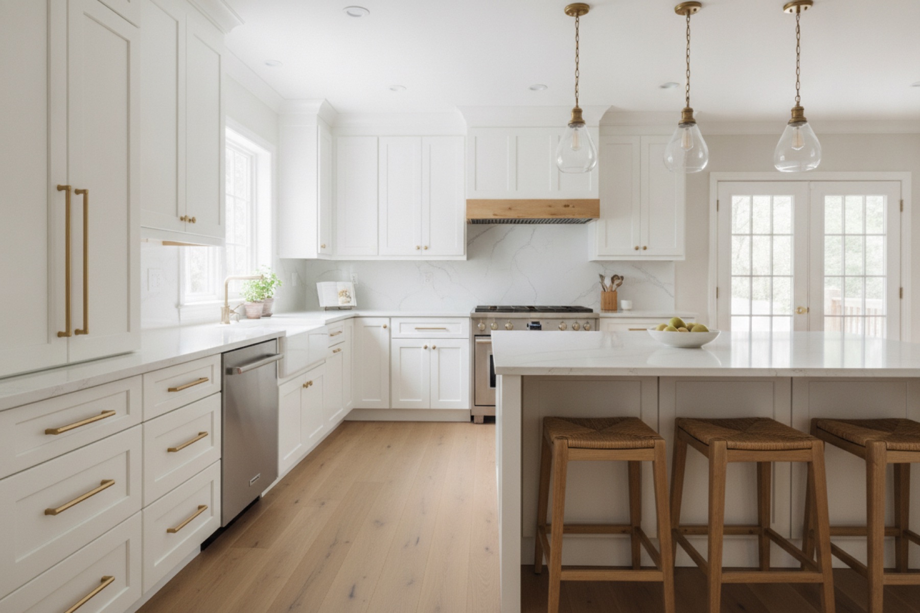 White shaker cabinets with brass hardware in remodeled kitchen