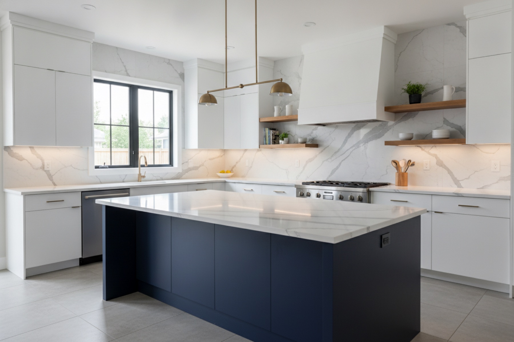 Modern kitchen remodel with dark navy island cabinets