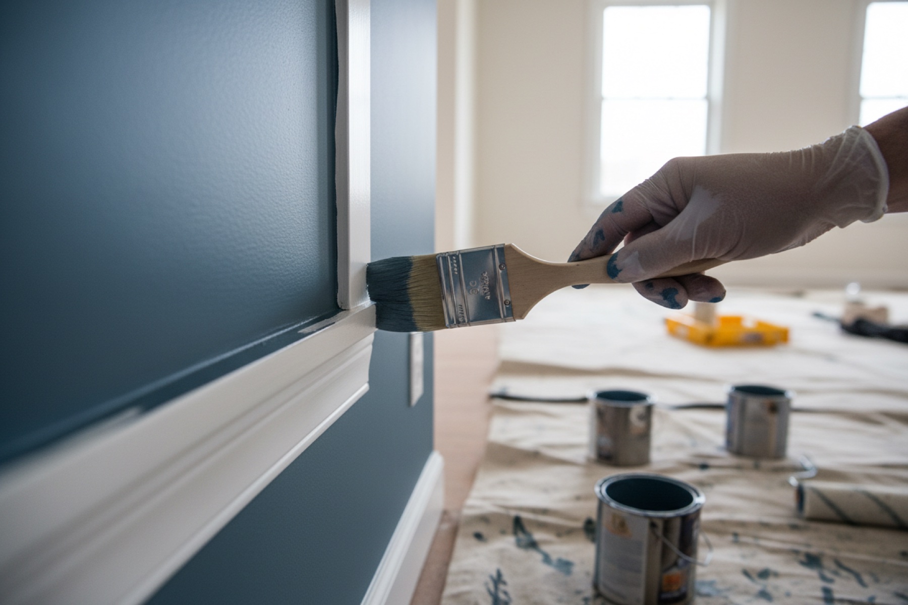 Painter cutting clean lines on trim work