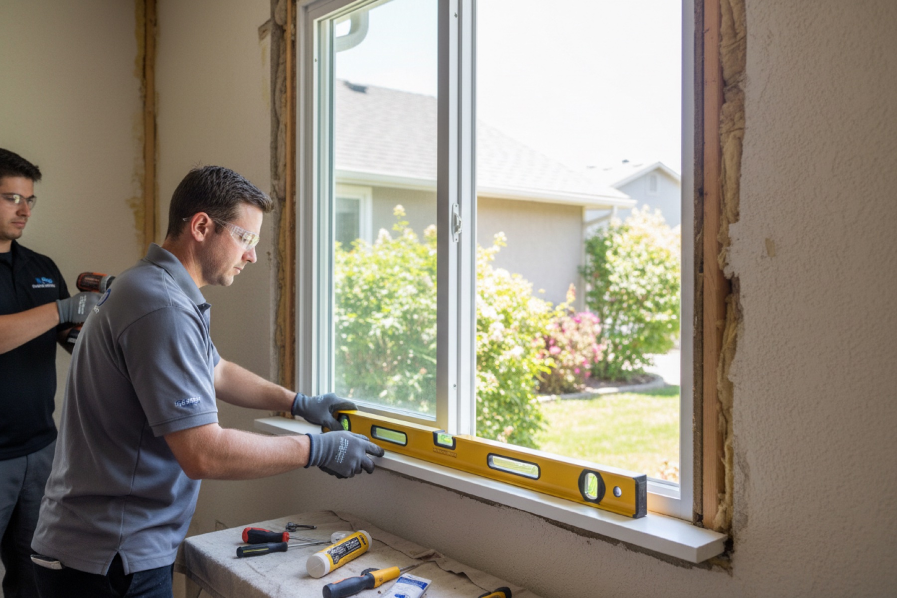 Installer fitting a new energy-efficient window